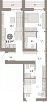 2-к квартира, вторичка, 66м2, 7/8 этаж