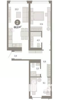 2-к квартира, вторичка, 69м2, 2/9 этаж