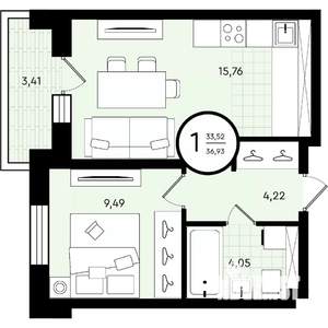 1-к квартира, вторичка, 37м2, 4/4 этаж