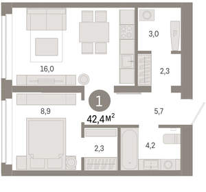 1-к квартира, вторичка, 42м2, 2/16 этаж