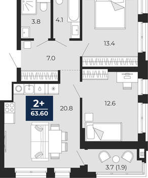 2-к квартира, вторичка, 64м2, 3/16 этаж
