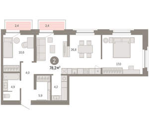 2-к квартира, вторичка, 78м2, 5/16 этаж