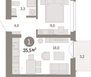1-к квартира, вторичка, 35м2, 7/16 этаж
