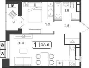 1-к квартира, строящийся дом, 38м2, 10/15 этаж