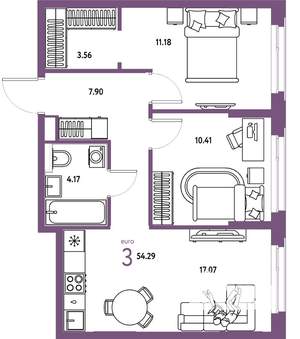 3-к квартира, вторичка, 54м2, 19/25 этаж