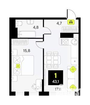 1-к квартира, вторичка, 43м2, 8/17 этаж