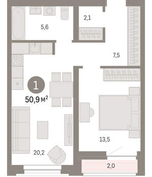 1-к квартира, вторичка, 51м2, 5/10 этаж