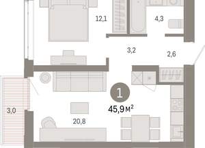 1-к квартира, вторичка, 46м2, 8/25 этаж