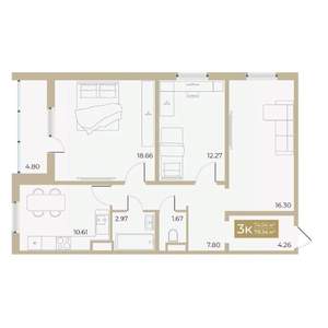 3-к квартира, строящийся дом, 75м2, 14/18 этаж