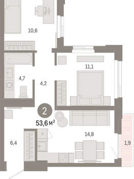 2-к квартира, вторичка, 54м2, 16/25 этаж