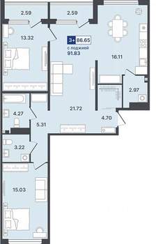 3-к квартира, строящийся дом, 87м2, 3/8 этаж