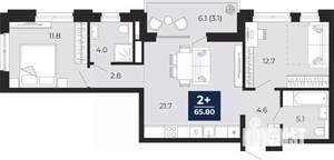 2-к квартира, сданный дом, 69м2, 17/18 этаж