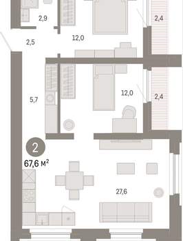 2-к квартира, вторичка, 68м2, 7/16 этаж