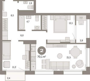 2-к квартира, вторичка, 70м2, 15/17 этаж