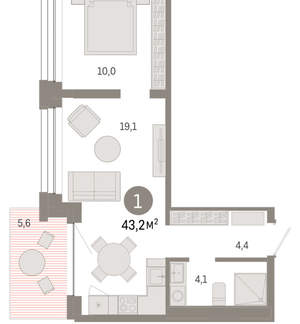 1-к квартира, вторичка, 43м2, 6/8 этаж