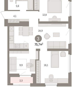 3-к квартира, вторичка, 76м2, 11/16 этаж