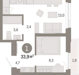 1-к квартира, вторичка, 34м2, 12/25 этаж
