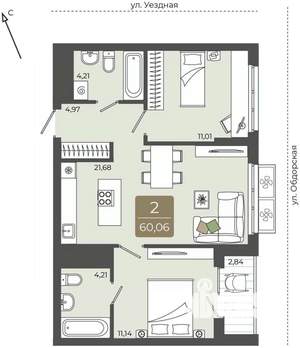 2-к квартира, вторичка, 60м2, 7/15 этаж