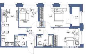 4-к квартира, вторичка, 76м2, 8/25 этаж