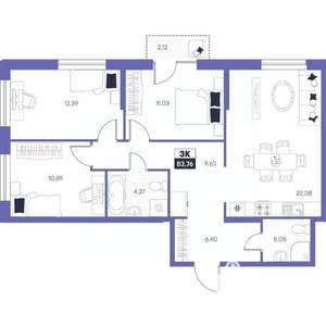3-к квартира, строящийся дом, 84м2, 14/24 этаж
