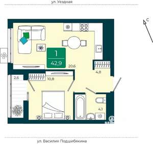1-к квартира, вторичка, 43м2, 3/9 этаж