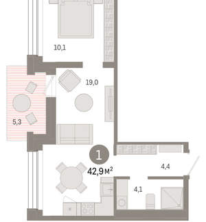 1-к квартира, вторичка, 43м2, 7/8 этаж