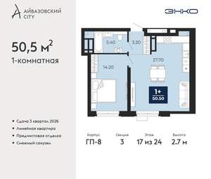 1-к квартира, вторичка, 51м2, 17/24 этаж