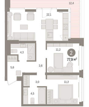 2-к квартира, вторичка, 78м2, 3/16 этаж