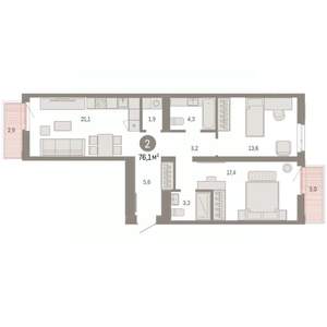 2-к квартира, вторичка, 76м2, 6/8 этаж