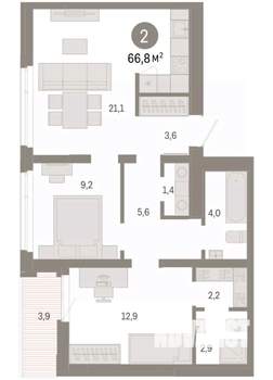 2-к квартира, вторичка, 67м2, 9/9 этаж