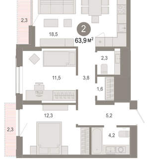 2-к квартира, вторичка, 64м2, 12/17 этаж