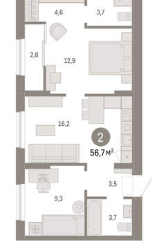 2-к квартира, вторичка, 57м2, 9/17 этаж