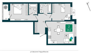 2-к квартира, вторичка, 68м2, 9/16 этаж