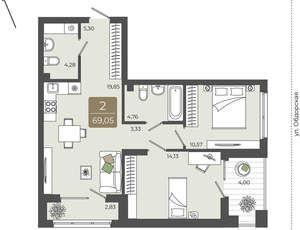 2-к квартира, вторичка, 69м2, 2/15 этаж