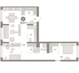 2-к квартира, вторичка, 87м2, 1/17 этаж