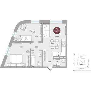 2-к квартира, вторичка, 71м2, 7/13 этаж