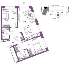 3-к квартира, строящийся дом, 68м2, 8/16 этаж