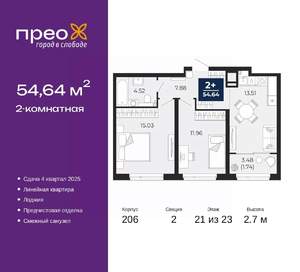2-к квартира, вторичка, 55м2, 21/23 этаж
