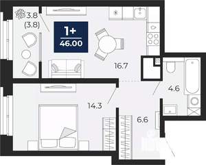 1-к квартира, вторичка, 46м2, 6/16 этаж