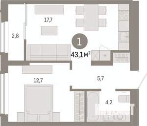 1-к квартира, вторичка, 43м2, 13/17 этаж