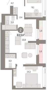 2-к квартира, вторичка, 64м2, 21/25 этаж