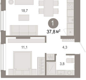 1-к квартира, вторичка, 38м2, 3/17 этаж