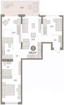 3-к квартира, вторичка, 100м2, 2/7 этаж