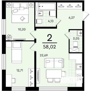 2-к квартира, строящийся дом, 58м2, 2/4 этаж