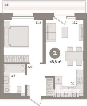 1-к квартира, вторичка, 46м2, 6/9 этаж