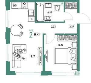 2-к квартира, строящийся дом, 38м2, 16/25 этаж