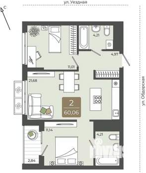2-к квартира, вторичка, 60м2, 6/15 этаж