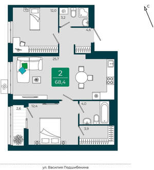 2-к квартира, вторичка, 68м2, 10/16 этаж