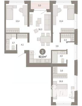 3-к квартира, вторичка, 92м2, 3/7 этаж