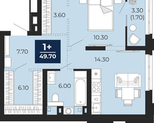 1-к квартира, вторичка, 50м2, 2/14 этаж